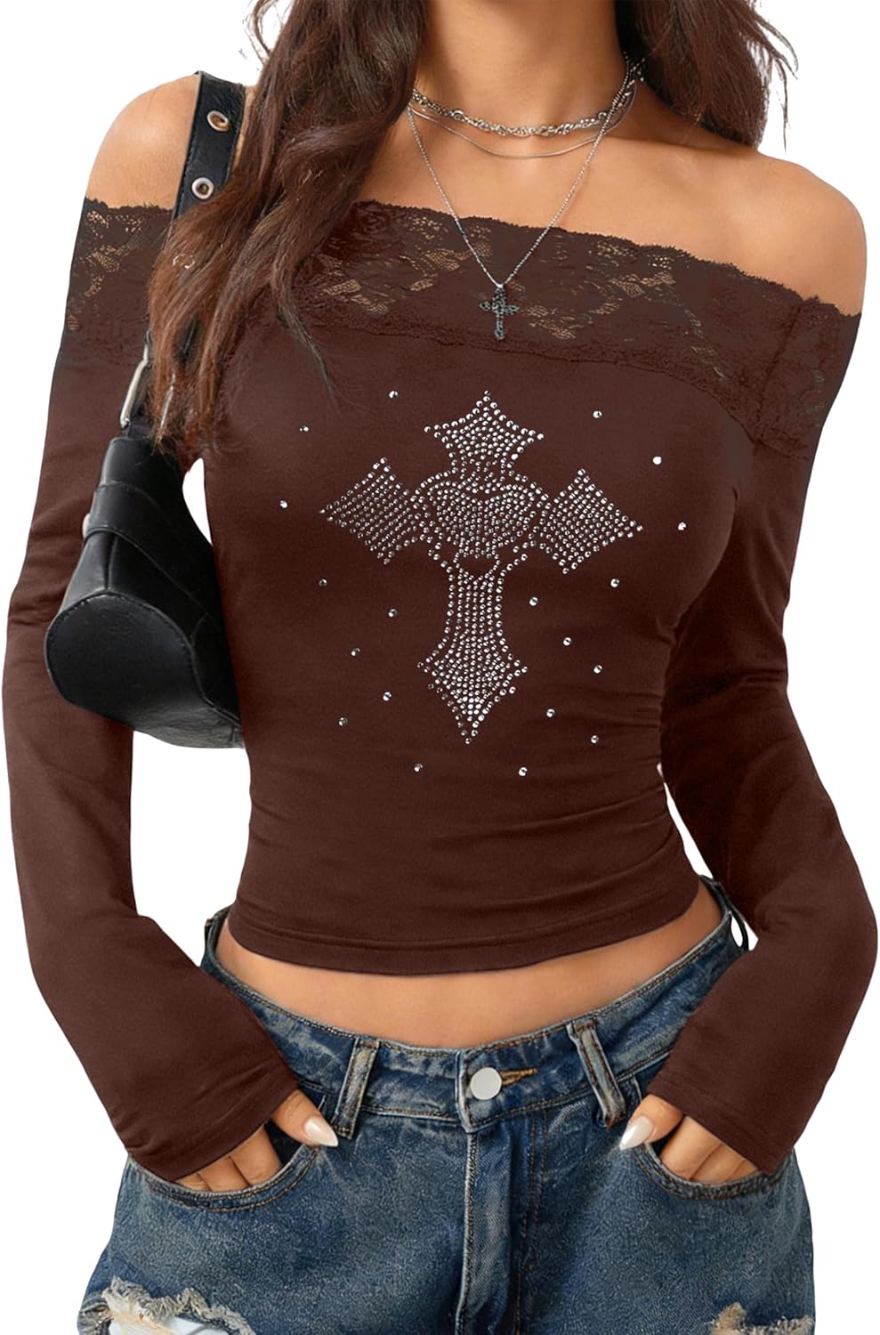 Off The Shoulder Tops for Women Y2K Lace Long Sleeve Shirt Gothic Mesh T Shirts 2000s Slim Fit Cropped Top
