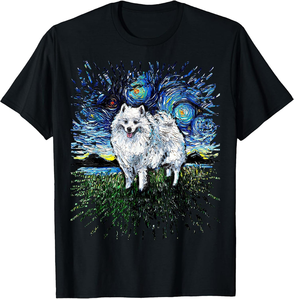 American Eskimo Japanese Spitz Starry Night Dog Art by Aja Men Women Girls Kids T-Shirt