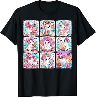 Cute Summerween Ghost Kids Mermaid Beach Pink Halloween Girl T-Shirt