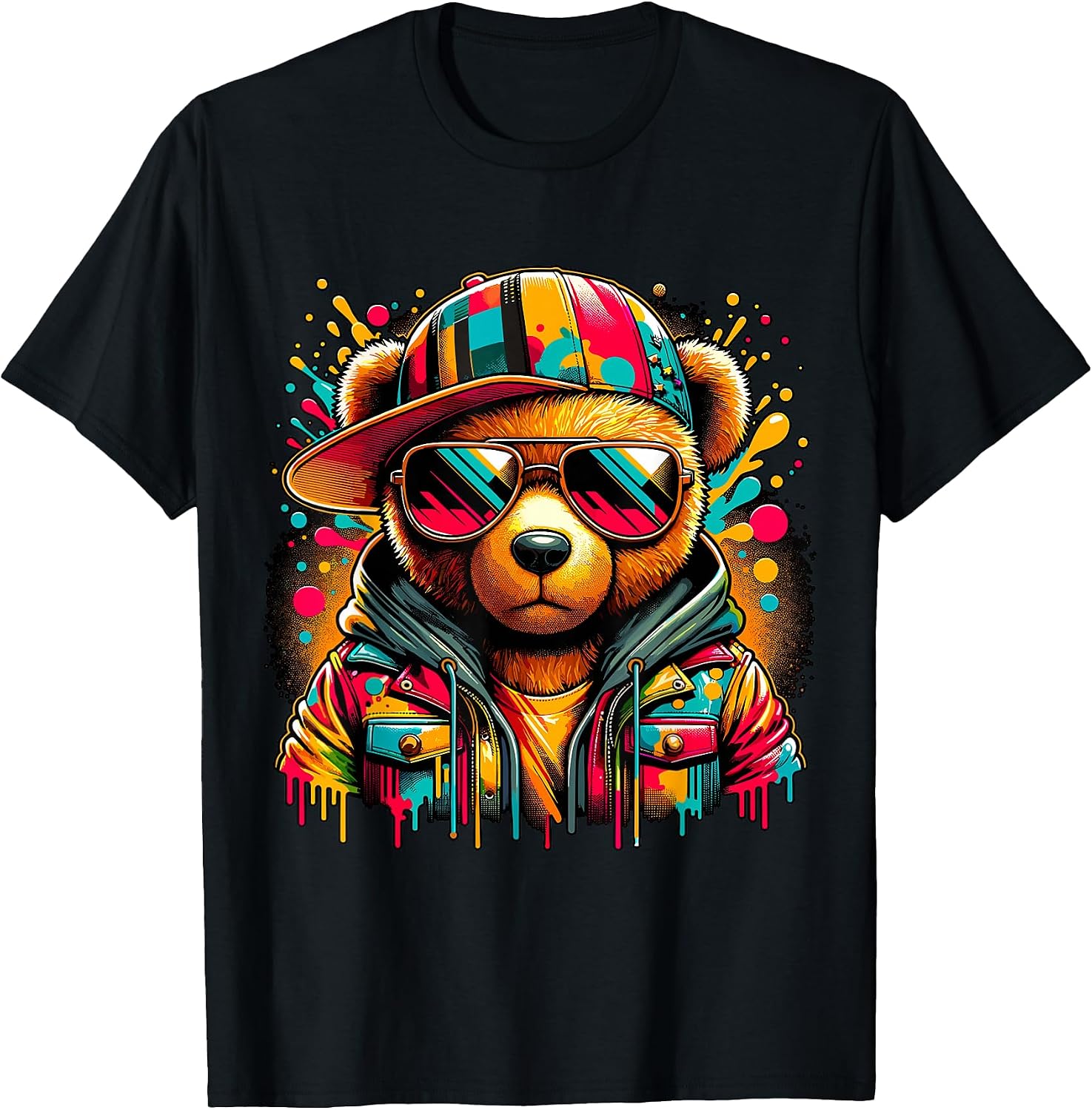 Colorful Hip Hop Teddy Bear with Sunglasses Rap Music T-Shirt