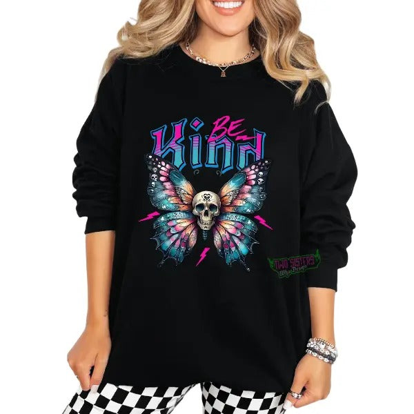 90s Neon Be Kind Skeleton Butterfly Dark Grunge Nostalgia Shirt Edgy Alt Top Skull Alt Streetwear Womenswear T-Shirts, Hoodie, Sweatshirt