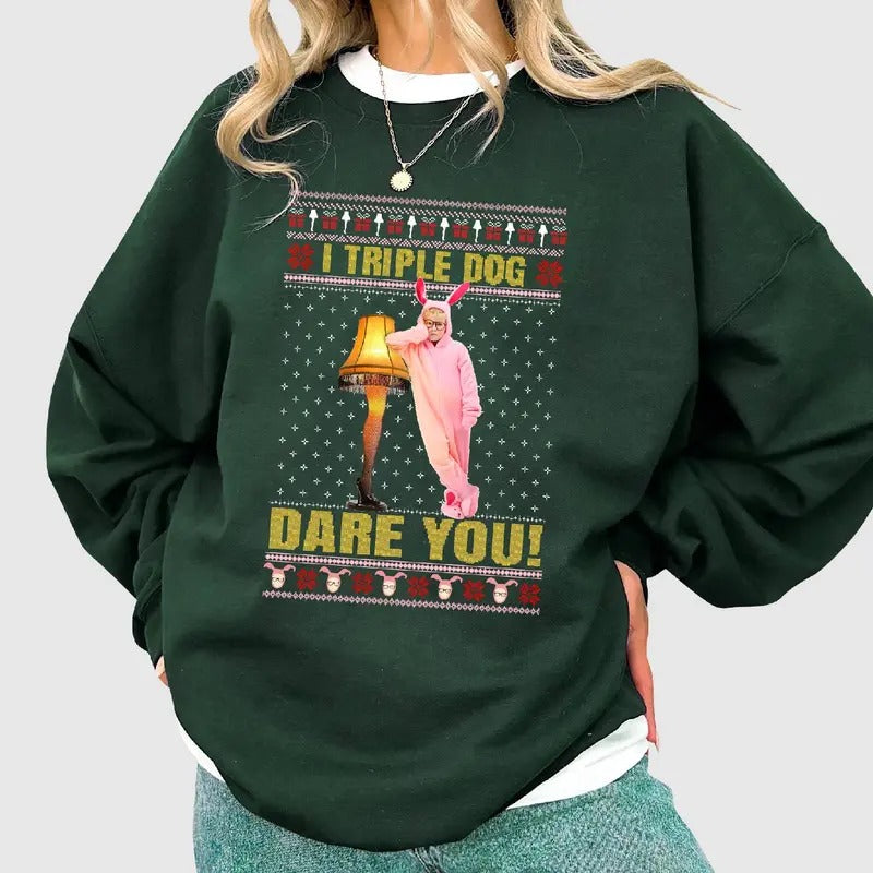 A Christmas Story Ugly Xmas Sweatshirt, Ralphie Leg Lamp I Triple Dog Dare You Ugly Christmas Sweater Shirt, Christmas...