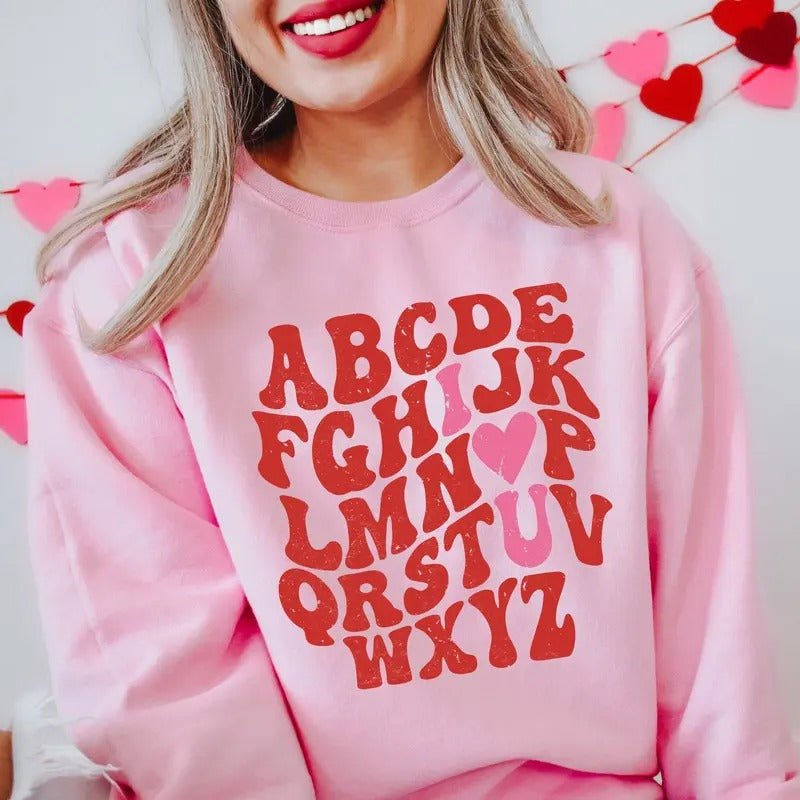ABCs I Love You Valentines Sweatshirt for Women, Cute Valentine's Day Crewneck Shirt