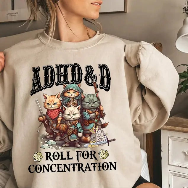 ADHD&D Roll for Concentration Sweatshirt, ADHD DnD Cat Shirt, DM Gift,TTRPG Hoodie,Dungeons and Dragons Sweatshirt,Role...