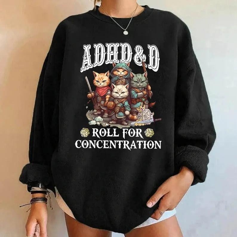ADHD&D Roll for Concentration Sweatshirt, ADHD DnD Cat Shirt,Cat DnD Shirt, Mental Health DM Gift,TTRPG Hoodie,Dungeons...