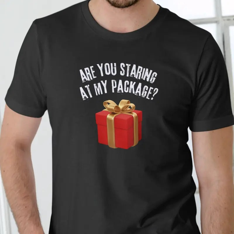 ARE YOU STARING AT MY PACKAGE T Shirt, Christmas Cotton Menswear Hoodie, Sweatshirt | HypeDripTees.com