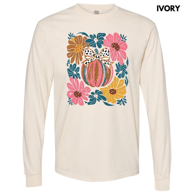 Abstract Flowers & Pumpkin Long Sleeve Comfort Colors T-Shirt 'NLB' Hoodie, Sweatshirt | HypeDripTees.com