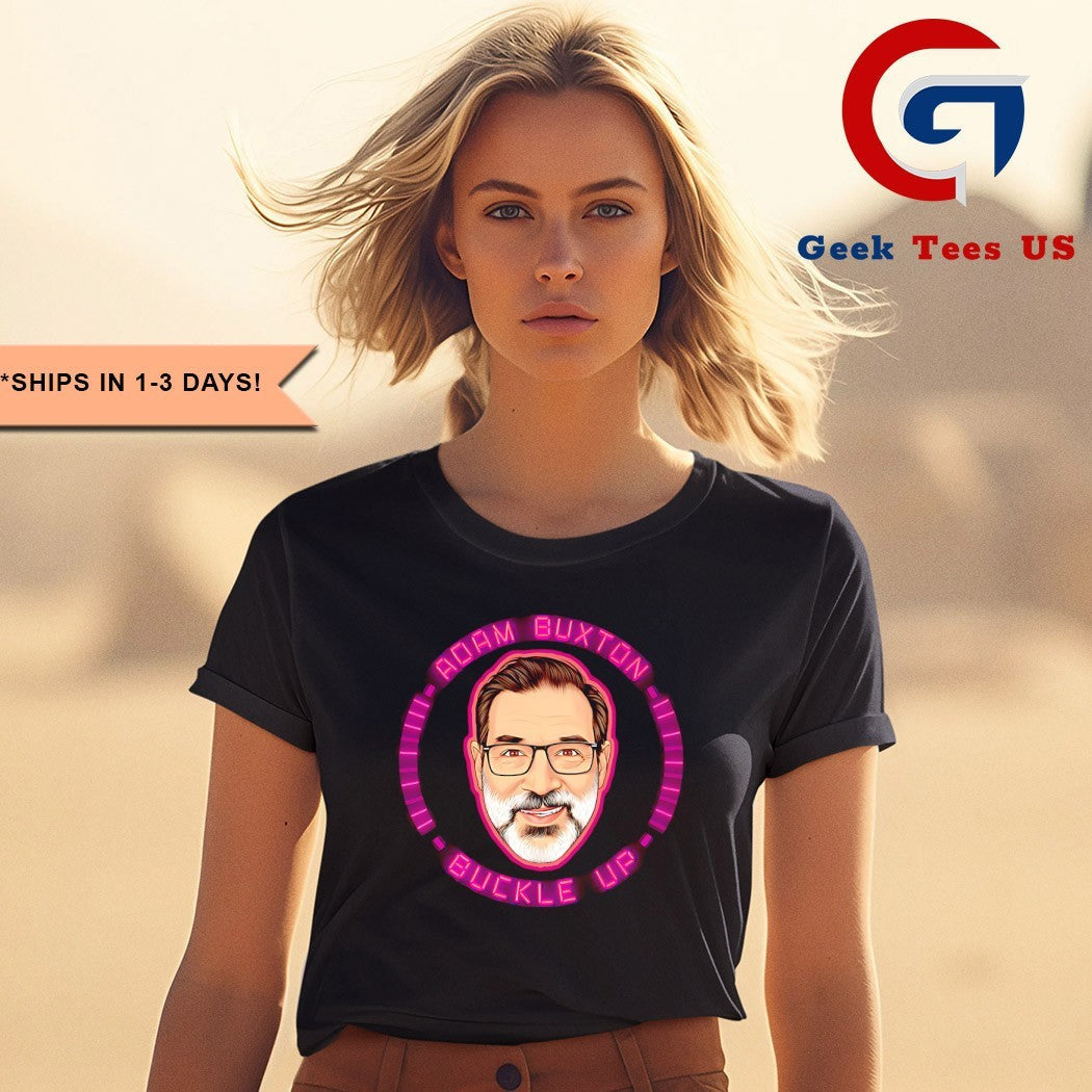 Adam Buxton buckle up big head shirt