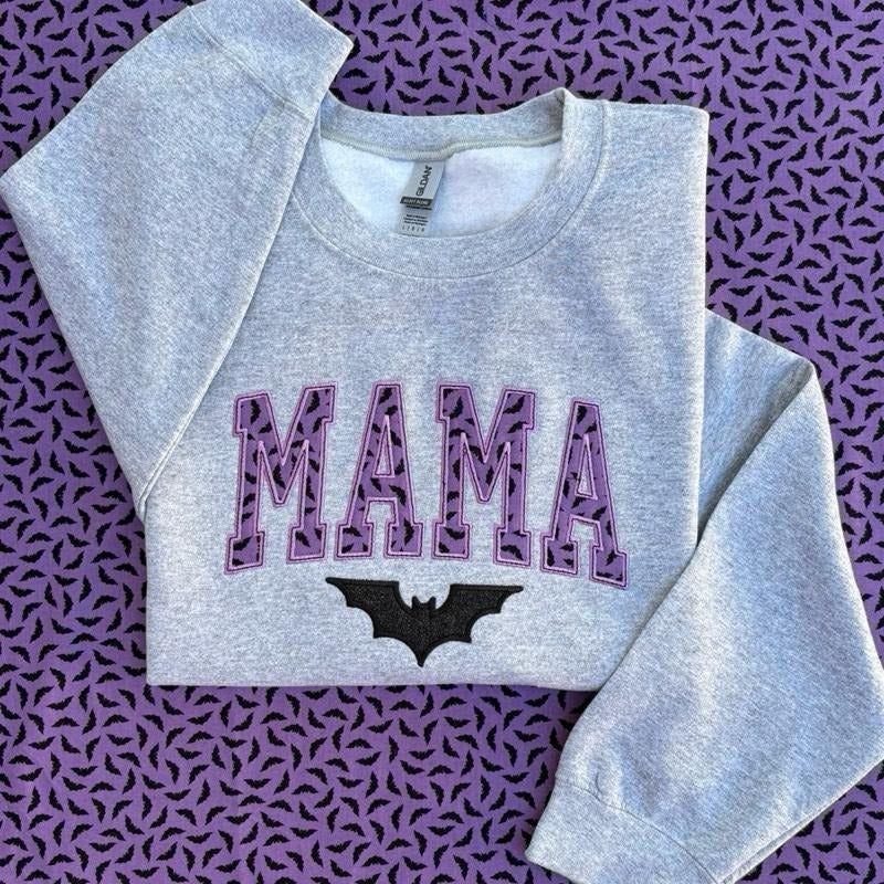 Aesthetic Mama Purple Bat Spooky Season Embroidered Crewneck Sweatshirt T-Shirts, Hoodie | HypeDripTees.com