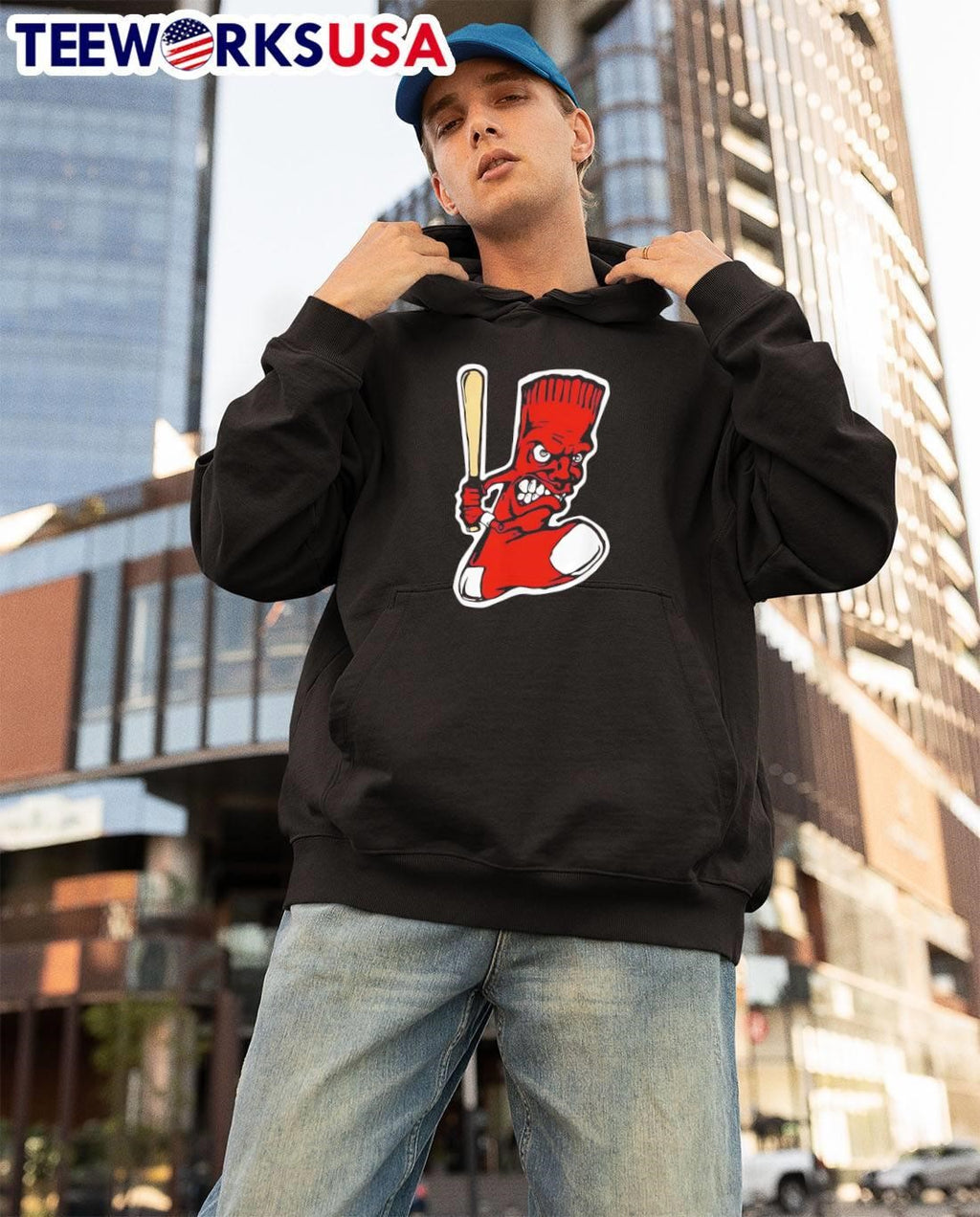 Aggressive Red Sock Mascot Swinging Baseball Bat T-Shirt