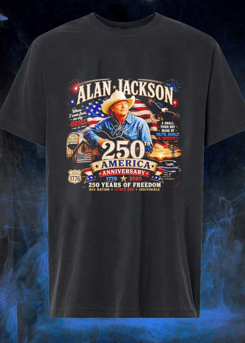 Alan Jackson Signature Wearing Hat Patriotic 250th Anniversary Shirt