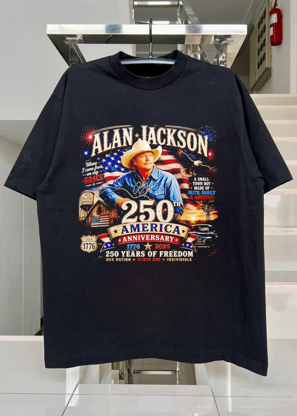 Alan Jackson Signature Wearing Hat Patriotic 250th Anniversary Shirt