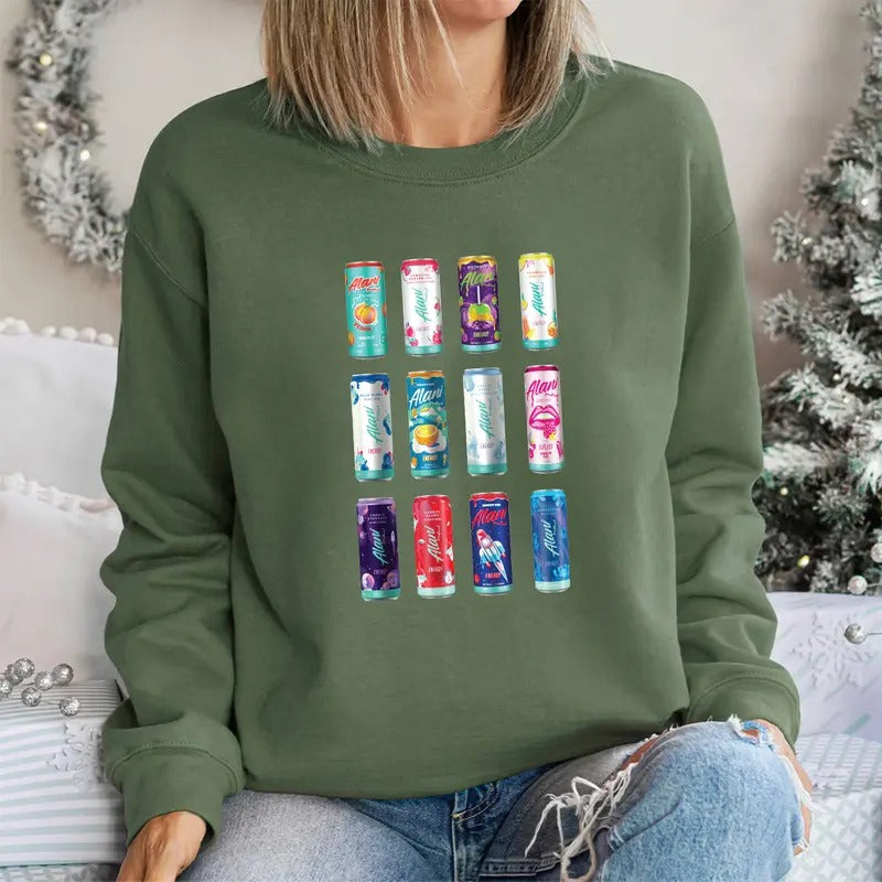 Alani Nu Energy Drink Sweatshirt, Energy Drink Aesthetic Sweatshirt, Colorful Can Print Pullover, Oversized Graphic...