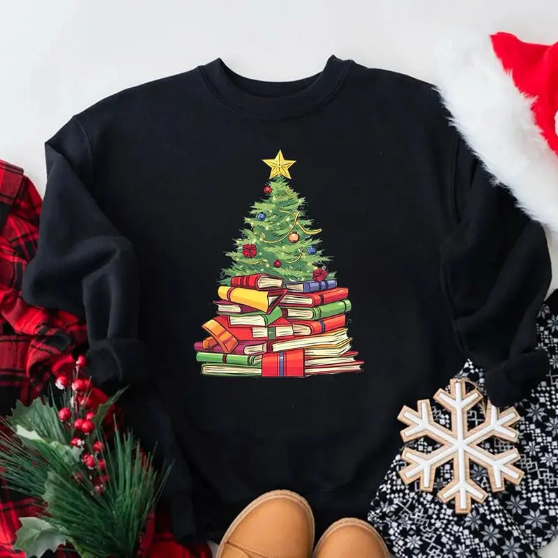 All Booked For Christmas Sweatshirt, Christmas Book Tree Shirt, Book Lovers Christmas Sweater, Bookworm Christmas Shirt,...