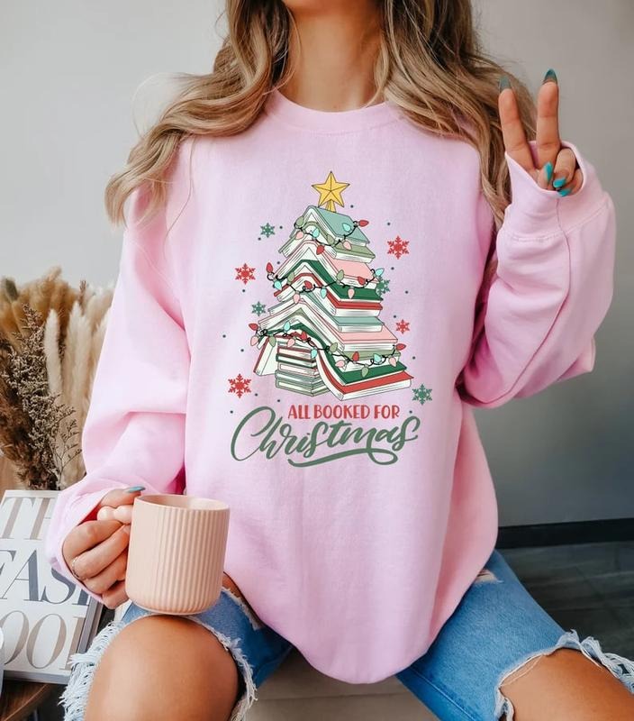 All Booked For Christmas Sweatshirt, Christmas Book Tree Sweatshirt, Christmas Book Lovers TShirt, Xmas Teacher Gift Hoodie