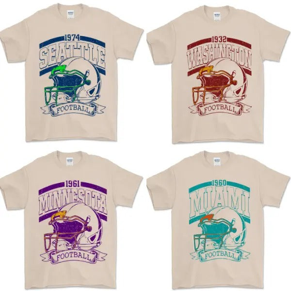 All Team Football T-shirt, Vintage graphic tees, Washington Football, Miami Football, Seattle Football, Sand Color,...