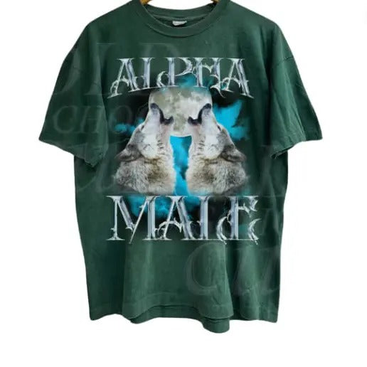 Alpha Male Vintage 90s Wolf T-Shirt, Retro Howling Wolf Moon Tee, Grunge Clothing Aesthetic, Alpha Wolf Tee, Emo Silly...