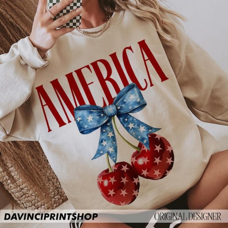 America Cherries Shirt, Cherry Bow Tee, Trendy July 4th , 4th of july Woman , Usa Flag Sweatshirt Hoodie | HypeDripTees.com