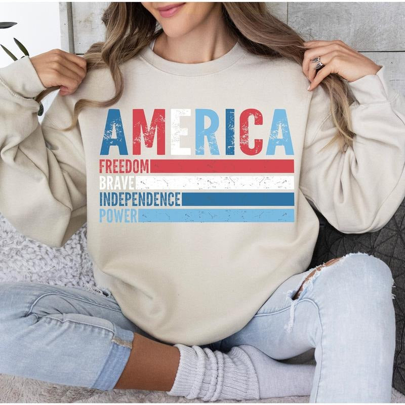 America Patriotic Sweatshirt 4th of July Minimalist USA Flag Shirt Retro Independence Crewneck Unisex Hoodie
