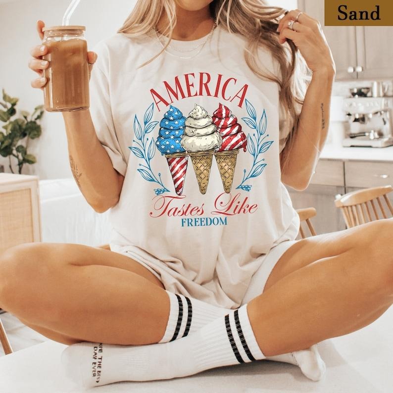 America Tastes Like Freedom Shirt, 4th of July Apparel, American Flag Ice Cream Usa Shirt, Independence Day Tee,Patriotic...