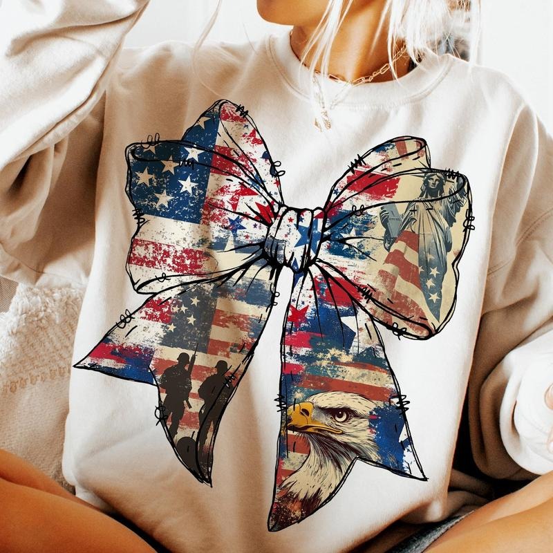 American Flag Bow Sweatshirt Coquette 4th of July Shirt Patriotic Retro Girl USA Crewneck 100% Cotton Hoodie