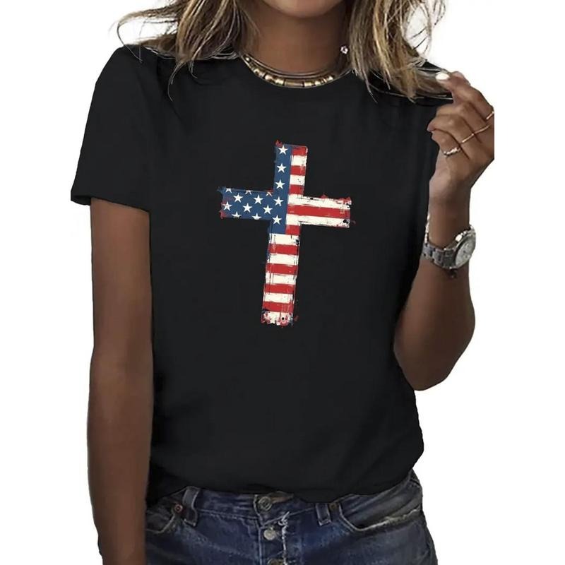 American Flag Cross Print Round Neck Short Sleeved Women'S T-Shirt, Cool, Breathable, Comfortable And Personalized...
