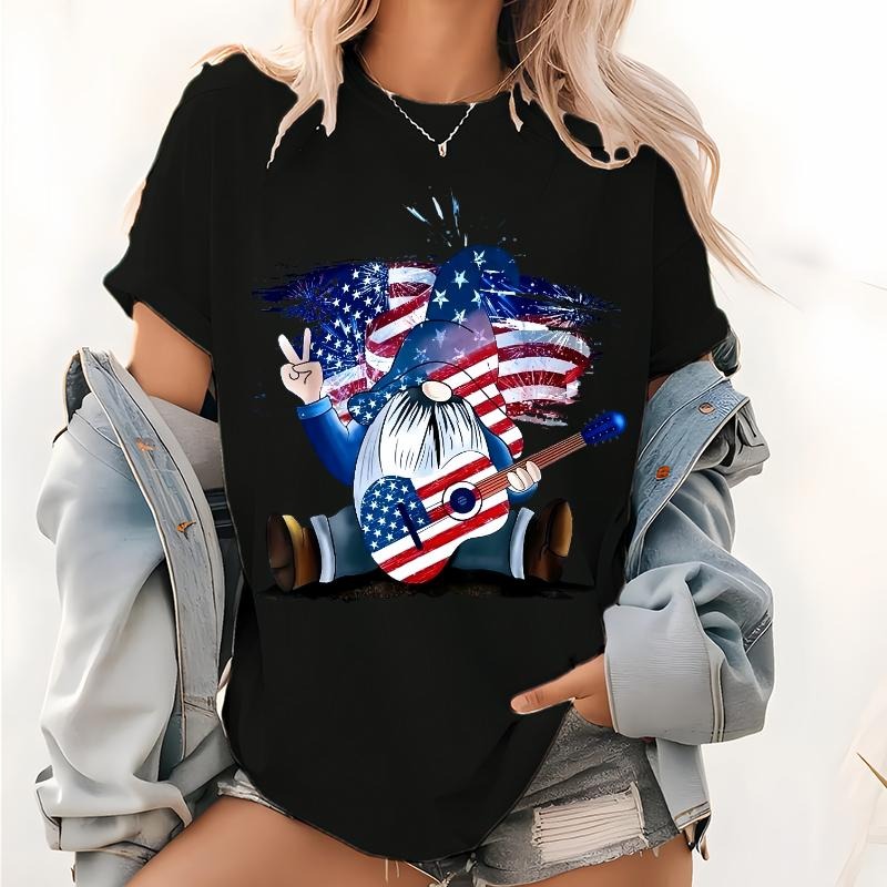 American Flag Guitar Gnome T Shirt, USA Guitarist Graphic Tops, Rock and Roll Music Art Shirt, Guitar Player Gift Tee,...
