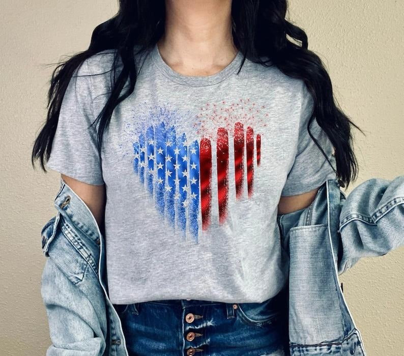 American Flag Heart T-Shirt, Fourth of July T-Shirt, USA Flag Shirt, Independence Day, American Flag Shirt, Patriotic...