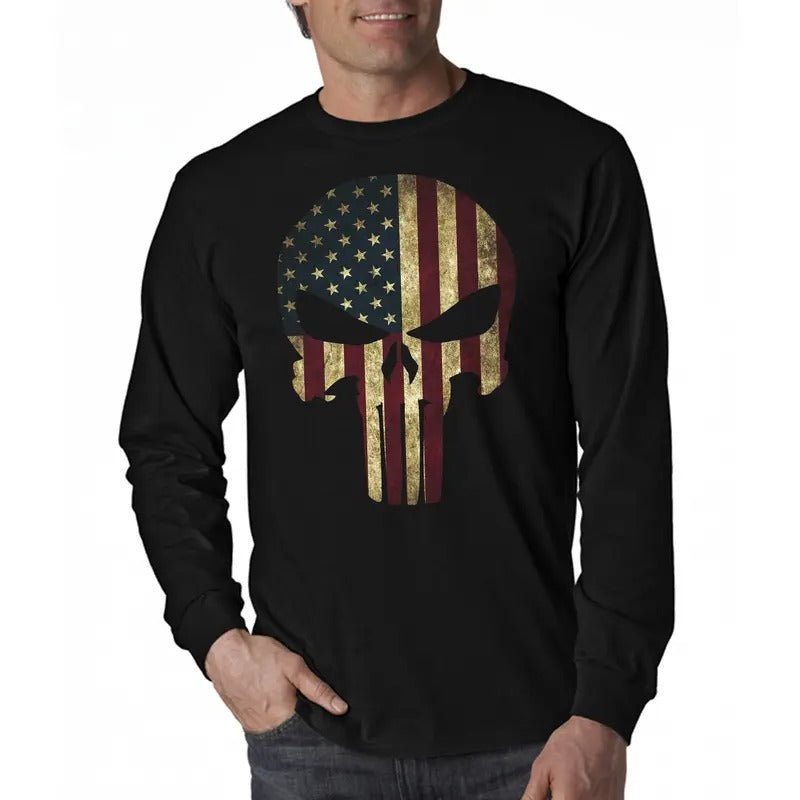 American Flag Patriotic Skull Tactical Long Sleeve Men's T-Shirt Hoodie, Sweatshirt | HypeDripTees.com