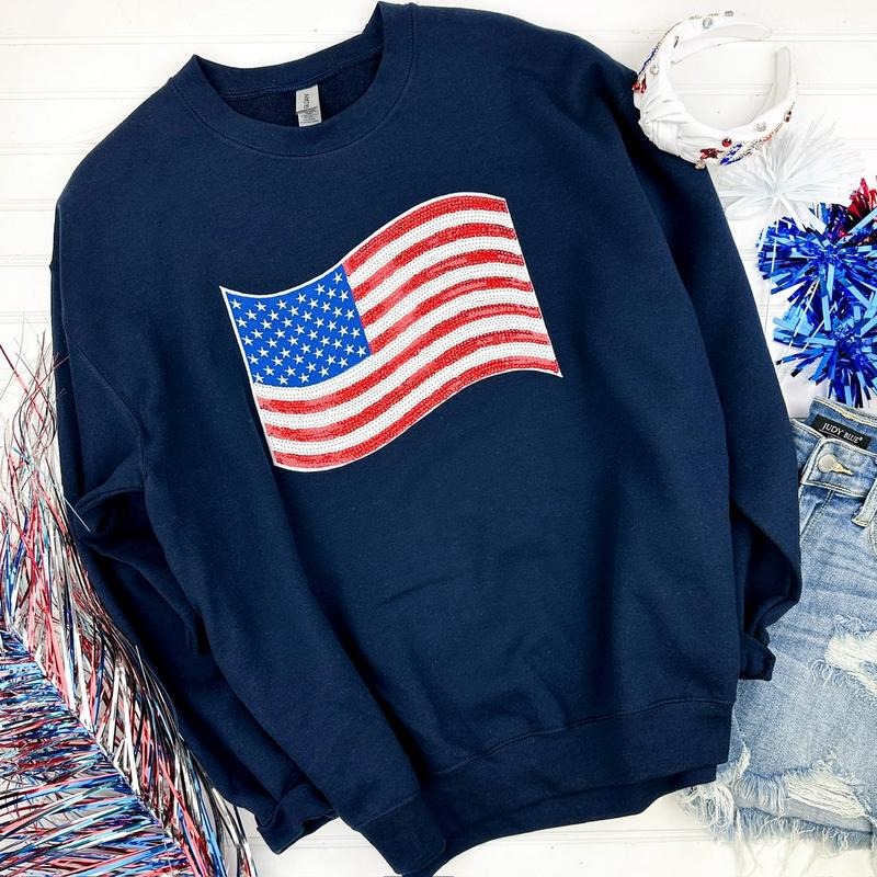American Flag Sequin Patch Sweatshirt -- NAVY T-Shirts, Hoodie | HypeDripTees.com