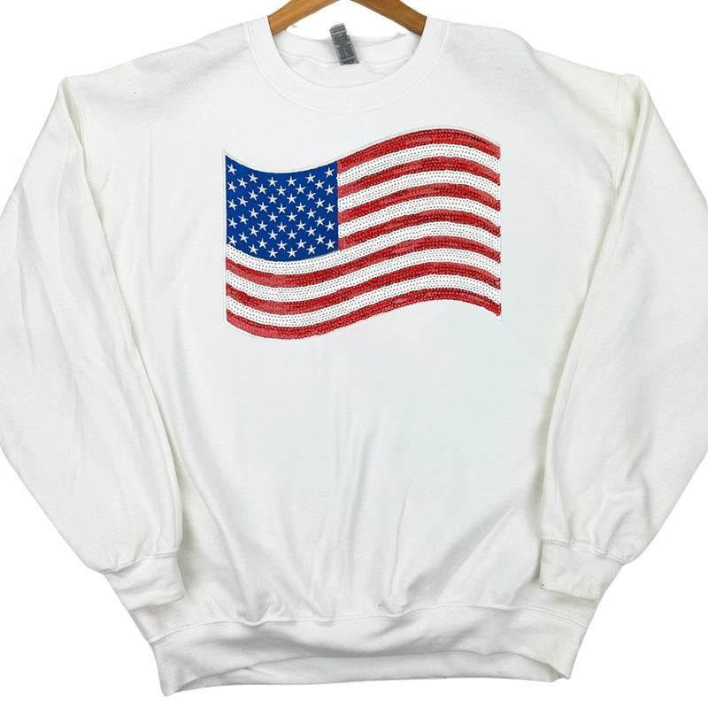 American Flag Sequin Patch Sweatshirt -- WHITE T-Shirts, Hoodie | HypeDripTees.com