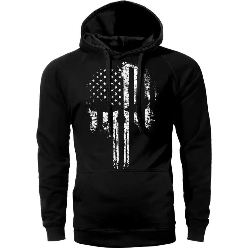 American Flag Skull Hoodie Sweatshirt - Black Cotton with Hood, Front Pocket, and Skull Print Design T-Shirts