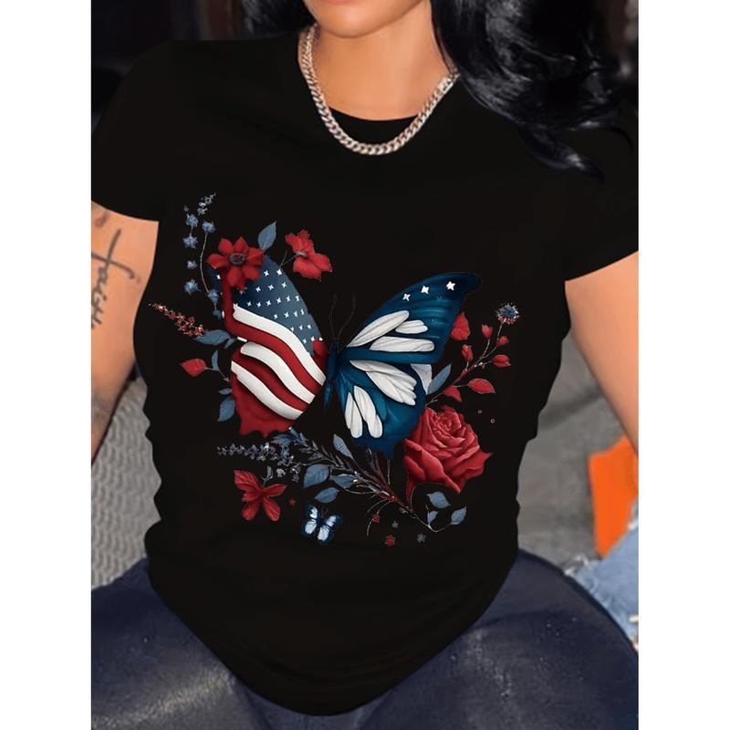 American Independence Day T-shirt womens patriotic american flag floral print crew neck t shirt casual short sleeve top...