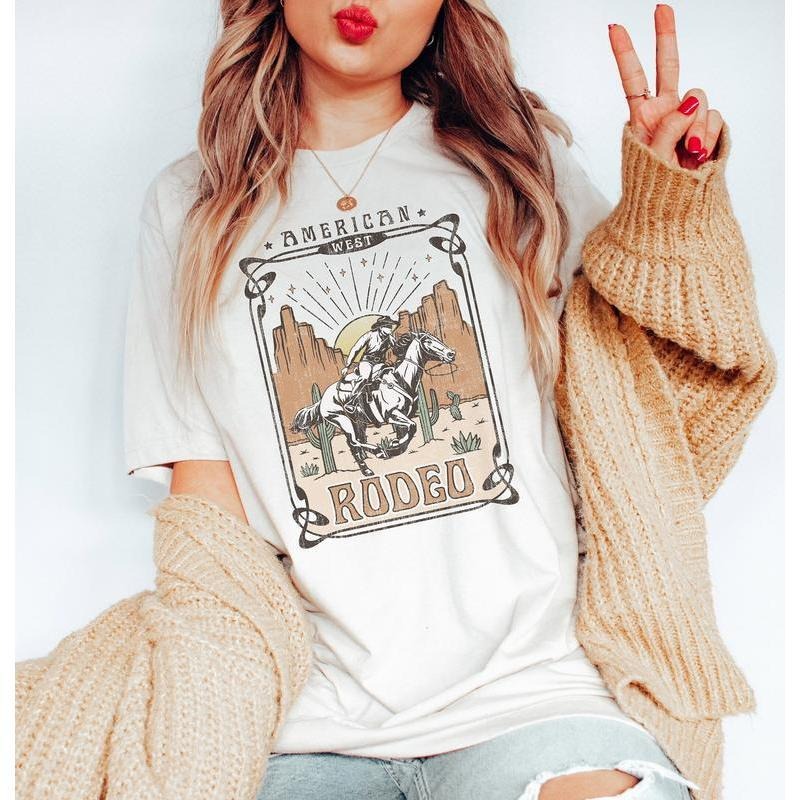 American Rodeo Cowboy T-shirt  Western Cowboy Horse Desert Cactus Retro Women Shirt style 02 Hoodie, Sweatshirt
