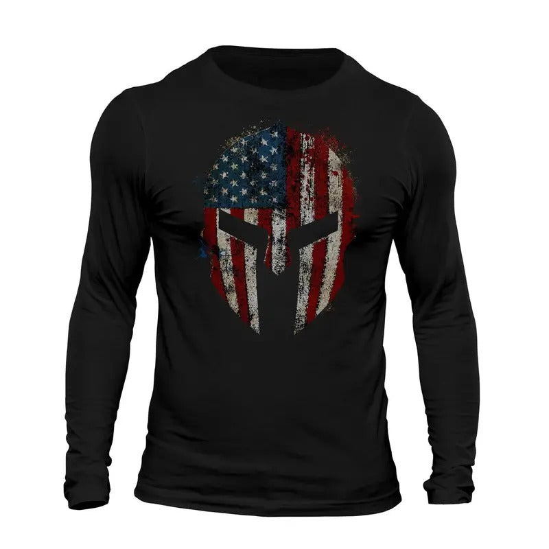 American Spartan Patriotic USA Flag Men's Long Sleeve T-Shirt Casual Classic Hoodie, Sweatshirt | HypeDripTees.com