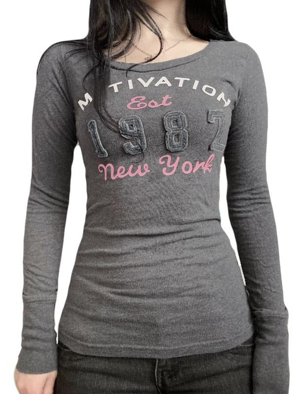 American Style Letter Patch Slim-Fit Autumn Winter T-Shirt, Casual Figure Pattern, Moderate Fabric Thickness, Women's...