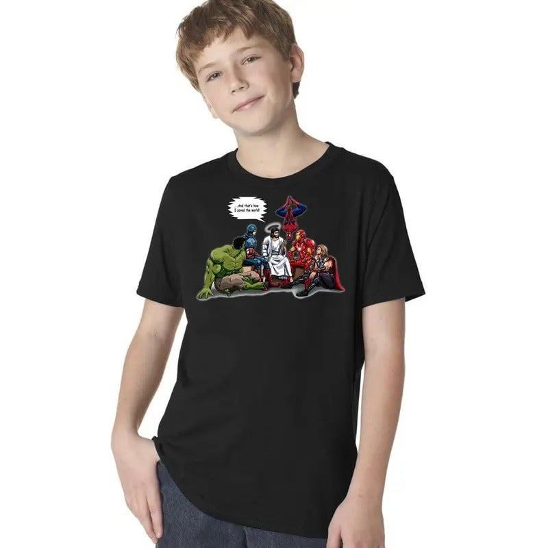 And That's How I Saved The World Jesus Superheroes Youth T-Shirt A Hoodie, Sweatshirt | HypeDripTees.com