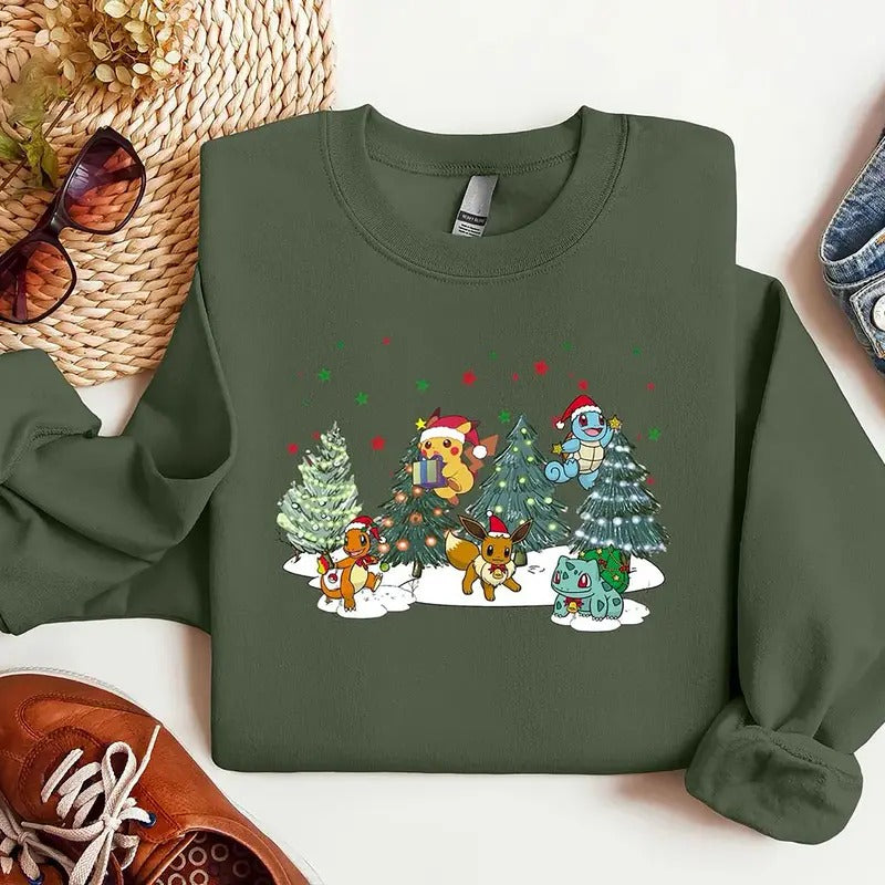 Anime Christmas Tree Sweatshirt, Anime Christmas Shirt, Cartoon Anime Characters Hoodie, Christmas Tree Sweatshirt,...