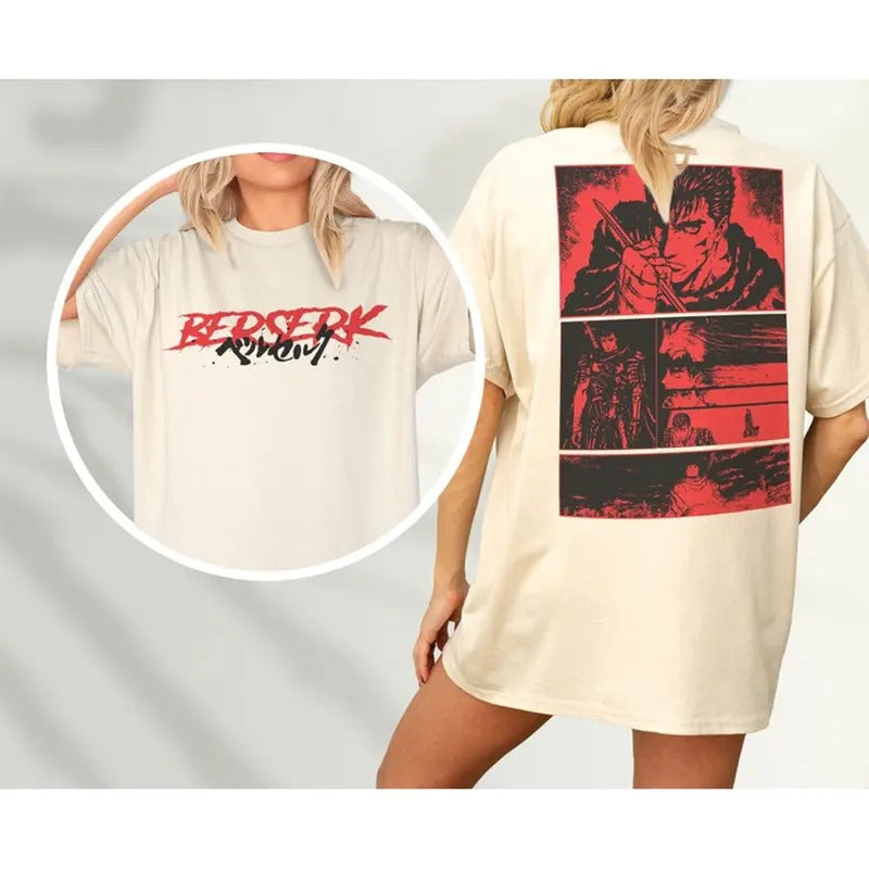 Anime Graphic T-Shirt, Grunge 90s Japanese Manga Tee Shirt with back Print, Go Berserk for Retro Character Streetwear...