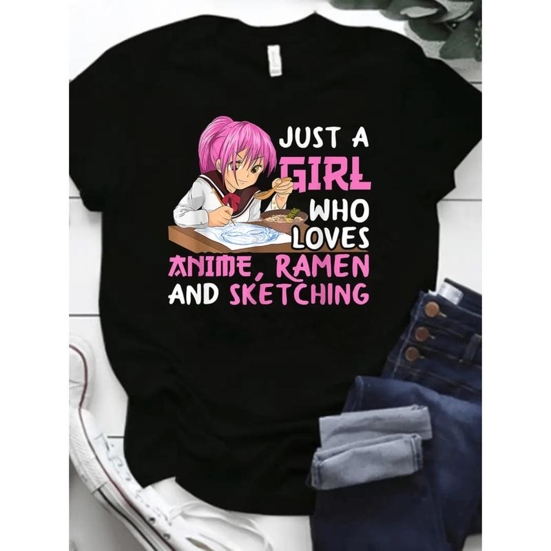 Anime Ramen Sketching Graphic T Shirt For Women Casual Round Neck Tee With Unique Design Machine Washable Spring Summer...