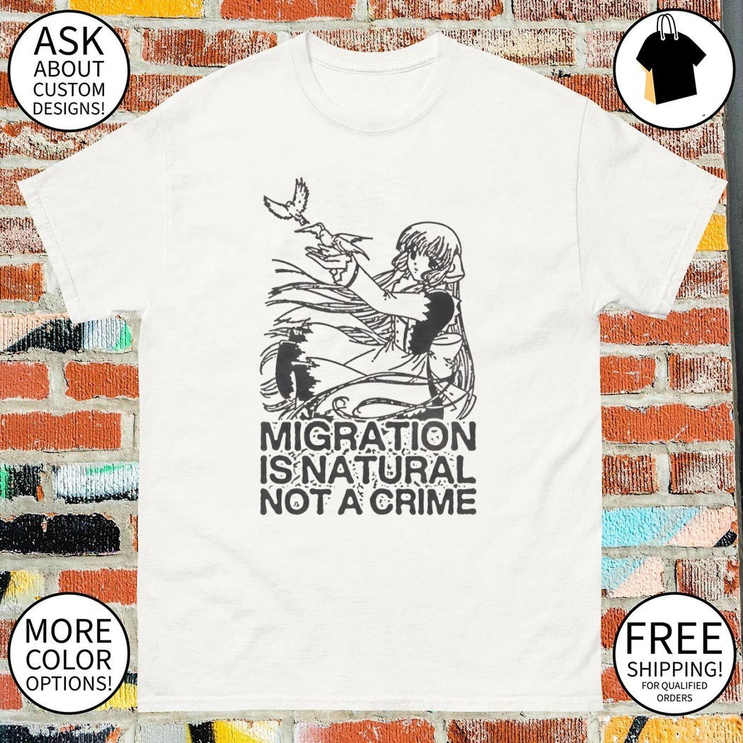 Anime girl releasing birds Migration is Natural not a Crime shirt