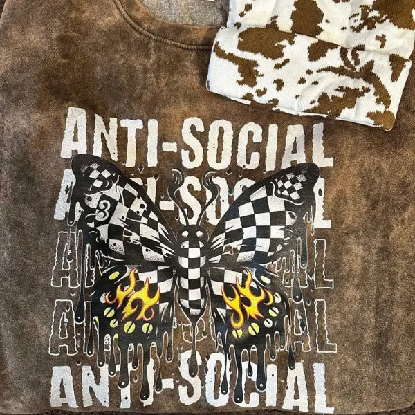 'Antisocial" Butterfly Brown Mineral Wash Punk Rocker T-Shirts, Hoodie, Sweatshirt