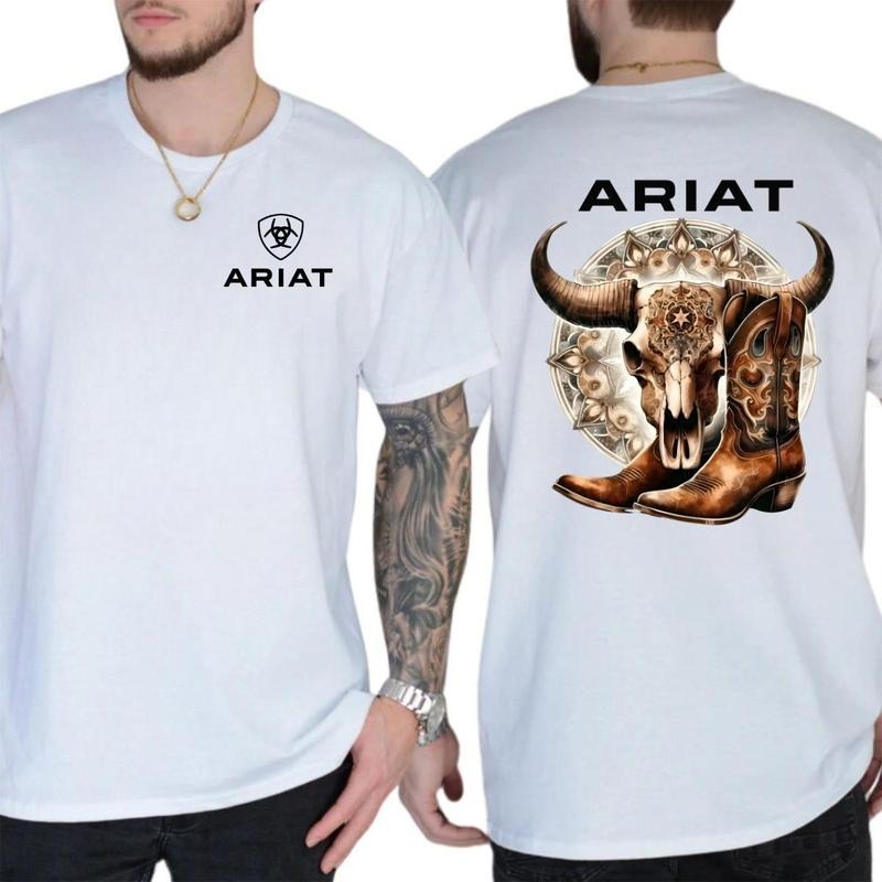 Ariat T-Shirt  Bold Cow Skull and Leather Boots Design with Intricate Detail  Menswear, Womenswear Hoodie, Sweatshirt