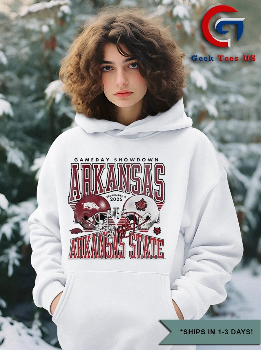 Arkansas Razorbacks vs Arkansas State Red Wolves football Gameday Showdown 2025 helmet shirt