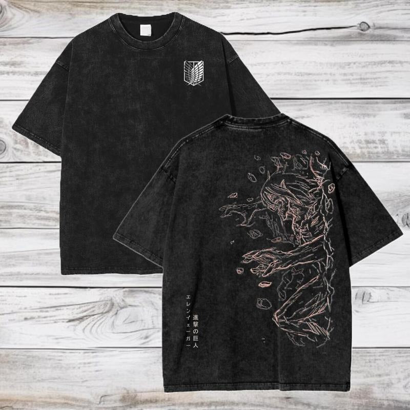 Attack on Titan Anime Acid Washed T-Shirt Eren Jeager Anime Tee Gift For Him, Easy Care, Machine Wash Safe, Classic...