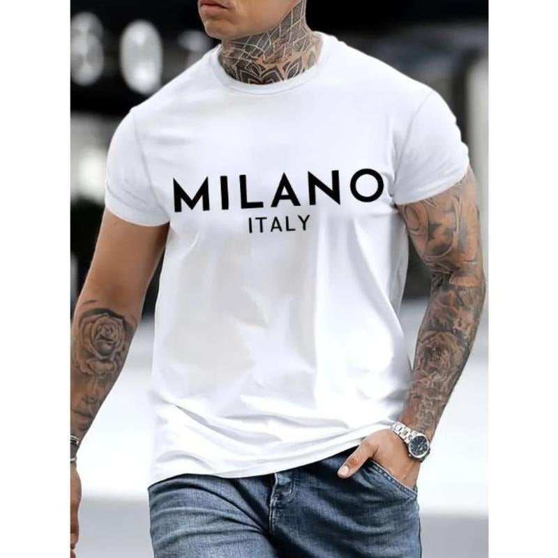 Men's Casual Italy Milan Lettering Printed Round Neck T-Shirt