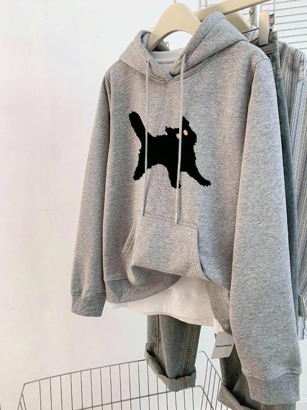 Autumn Winter Essential Fashionable Women's Hoodie, Cute Cat Print Round Neck Pullover, Casual Loose-Fit Thicker Fabric...