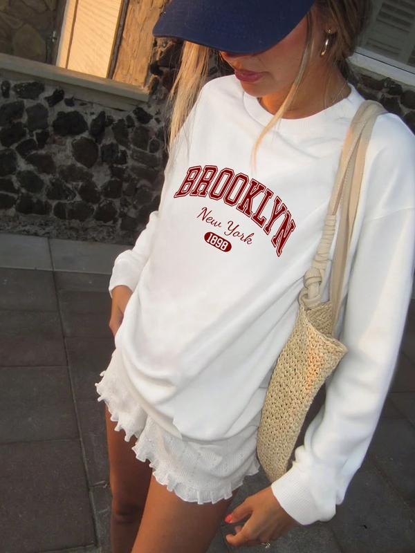 Autumn Winter New Women's Casual Comfortable Brooklyn Fashion Letter Print Fleece Pullover Sweatshirt, Loose Fit Round...
