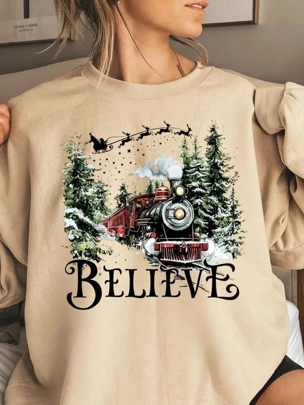 Autumn Winter Women's Casual Loose Fit Pullover Long Sleeve Sweatshirt with Train Print, Thicker Fabric, Fall & Winter...