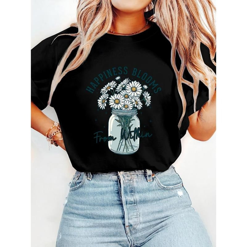Women's Casual Spring Floral Print Cotton Round Neck Short Sleeve T-Shirt